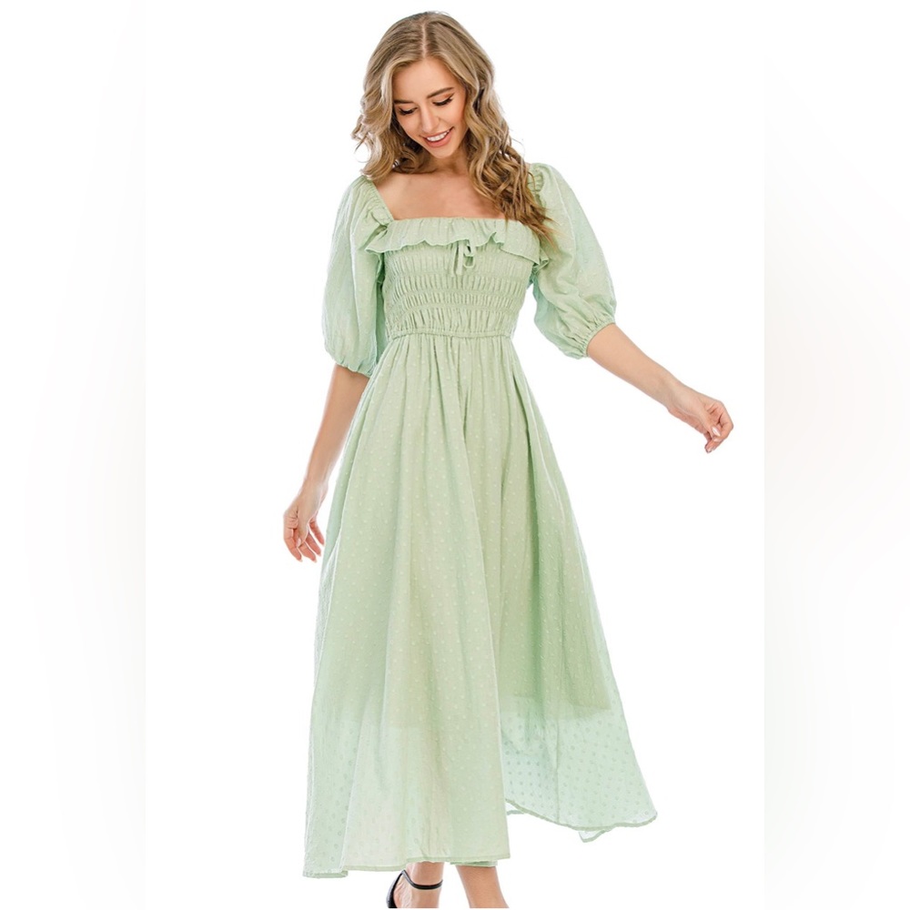 R. Yiposha Midi Dress Green Swiss Dot Smocked Square Neck Puff Sleeve XL NWT